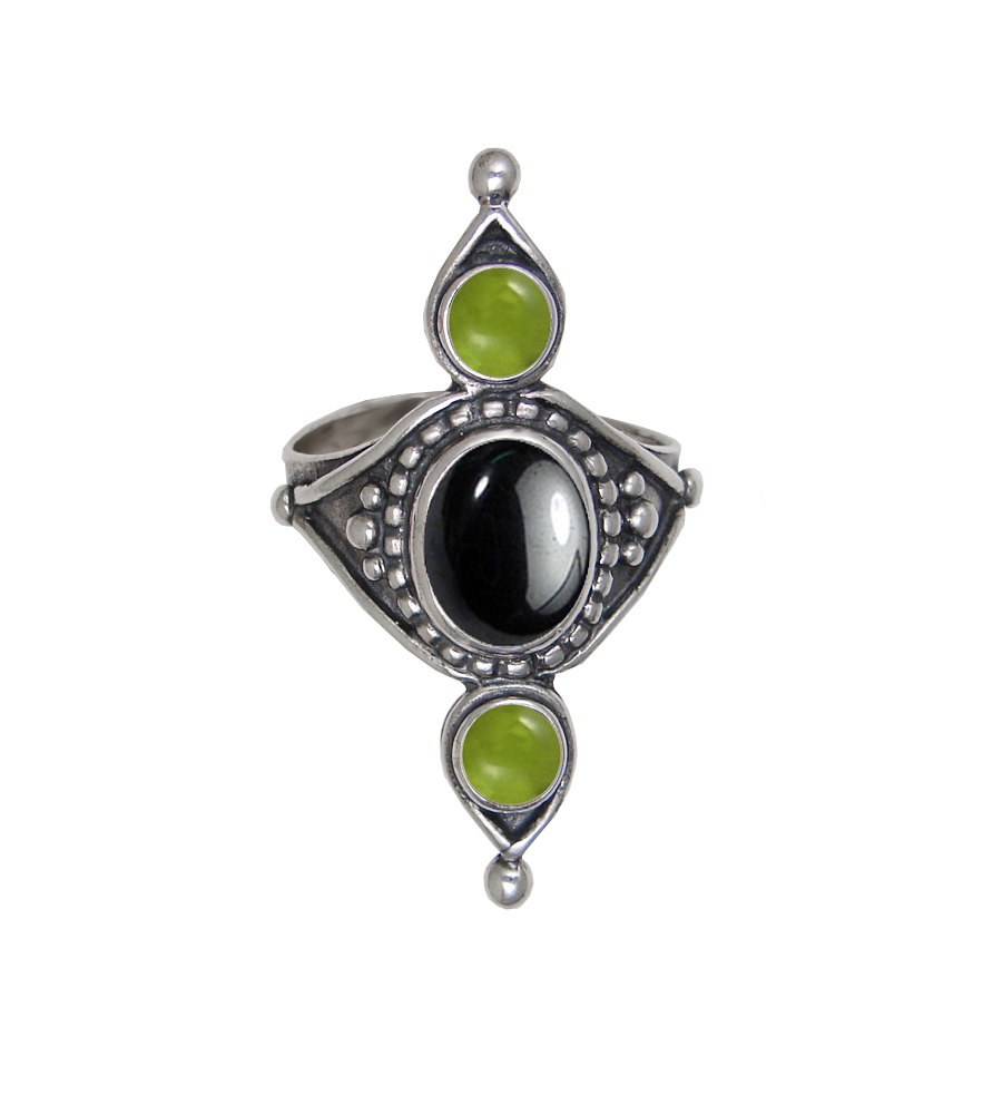 Sterling Silver Royal Ring With Hematite And Peridot Size 9